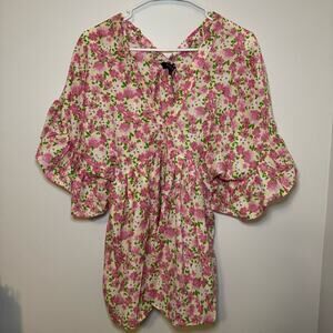 Beulah Style Women’s Pink Floral Short Sleeve Babydoll One Size Blouse Shirt‎